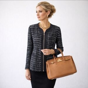 Elie Tahari Long Black/ White Fuzzy Boucle Tweed Career Old Money Blazer Sz 12